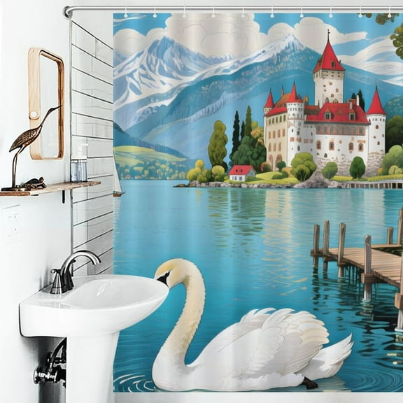 Lake Print Shower Curtain Art Style Bathroom Decor Shower Curtain with 12 Hooks,66inx72in