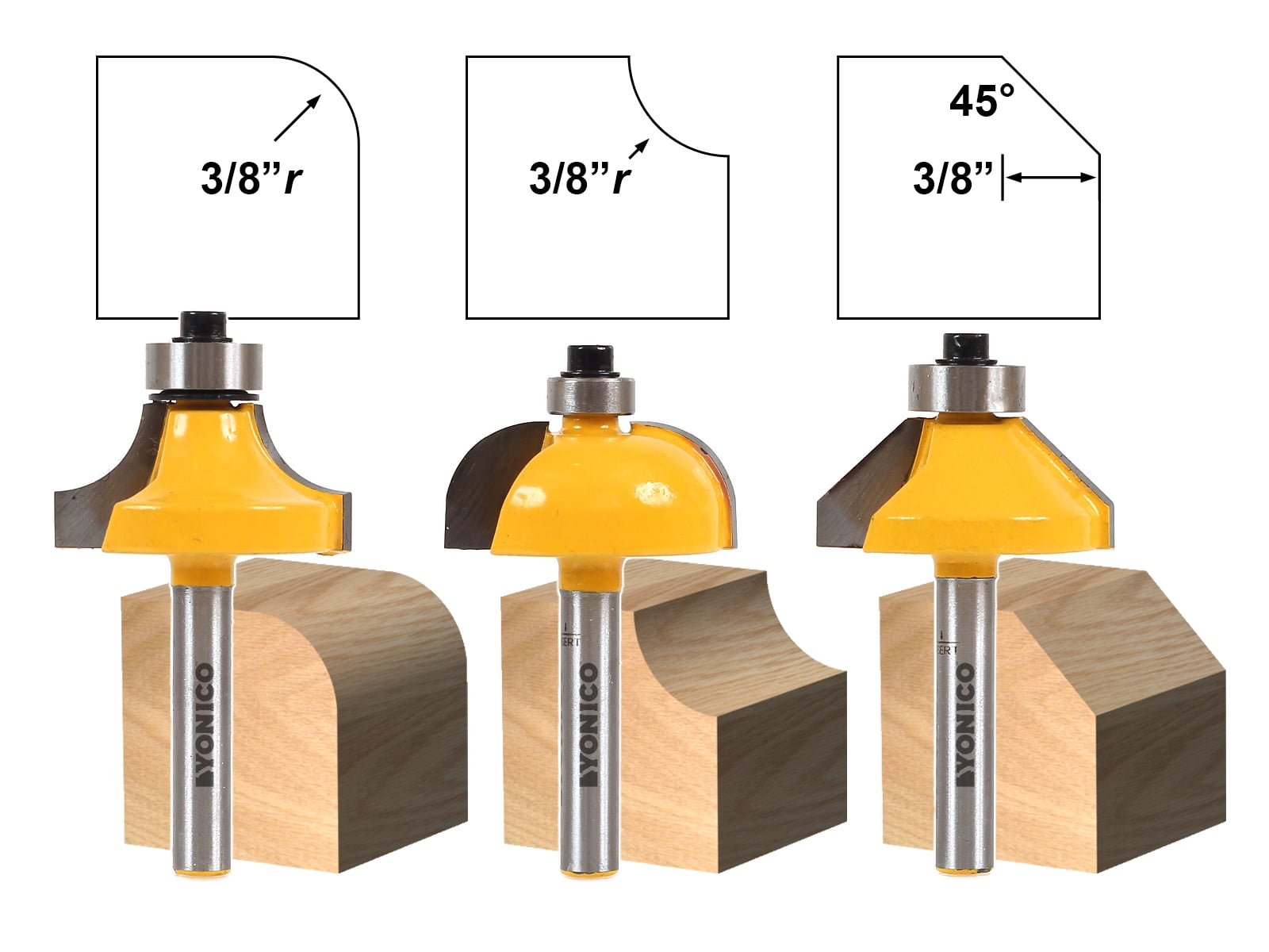 V-Groove Router Bit Set - 3-Pc Zero-Point, 1/4 Shank, Carbide Tips
