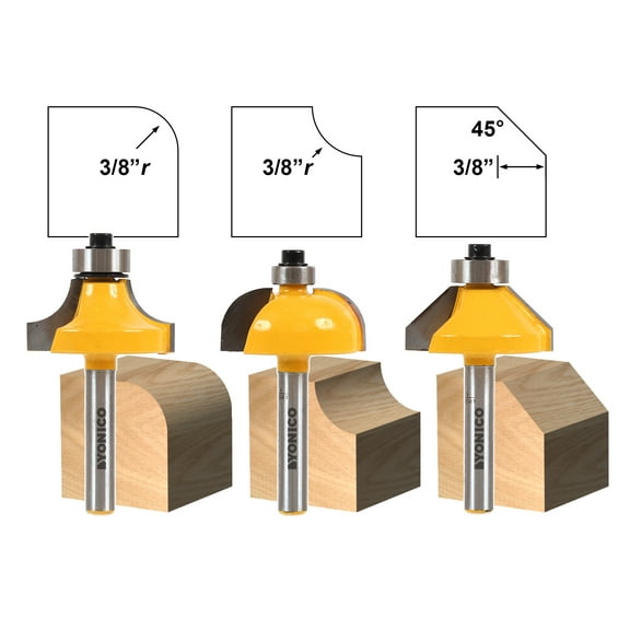 3 Bit Edging Router Bit Set - Medium Round over Cove & Chamfer - Yonico 13311q