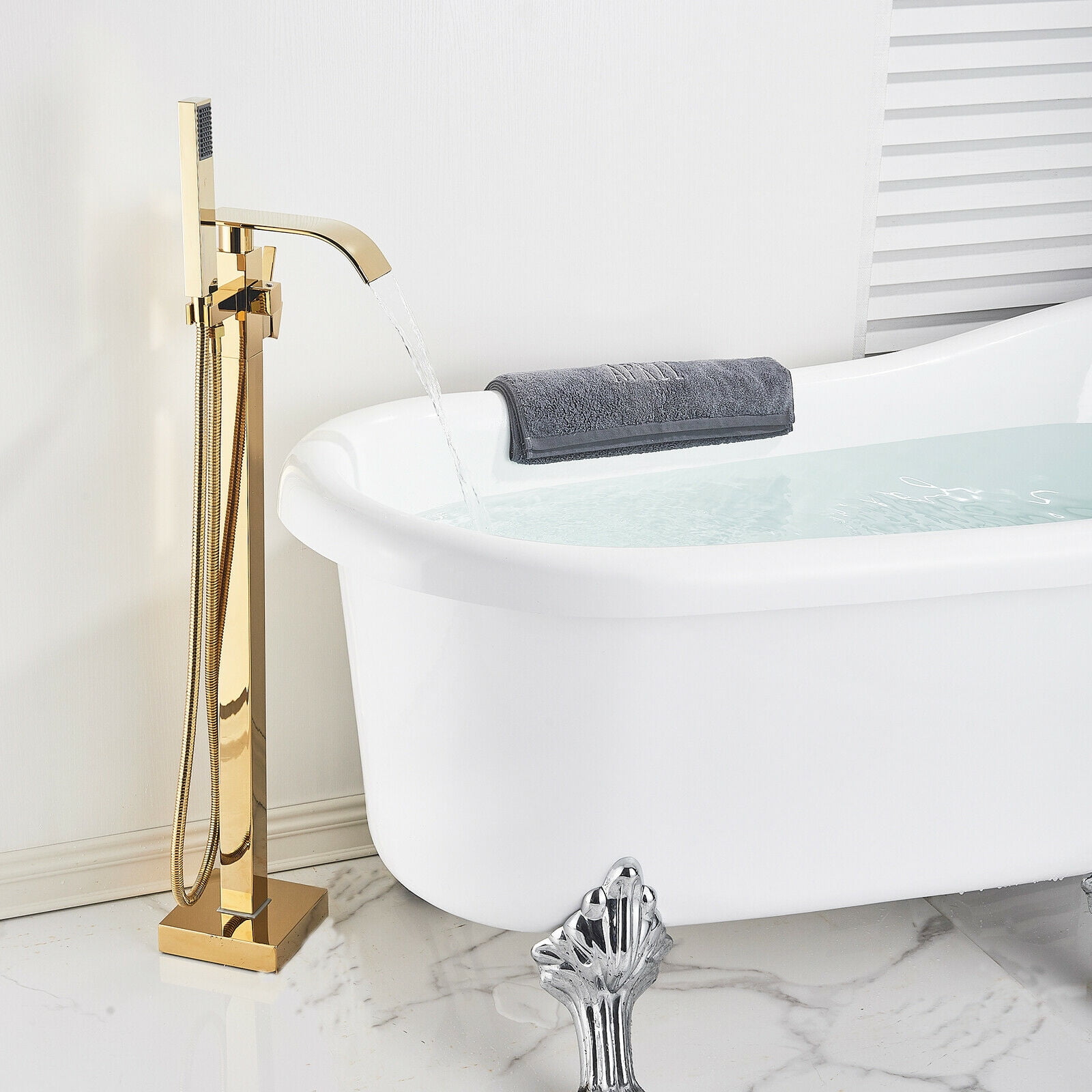 Zovajonia Gold Free Standing Floor Mount Bathtub Mixer Faucet Waterfall Tub Filler Sprayer