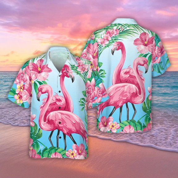 Flamingo Tropical Floral Hawaiian Shirt, Animal Button Shirt, Summer Vacation Beach Outfit, Bird Lovers Gift, Hibiscus Shirt