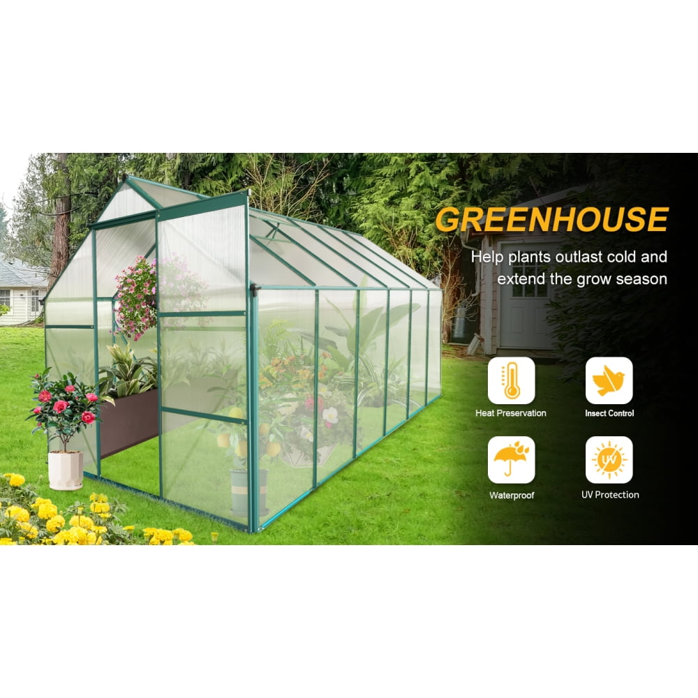 6x12 FT Polycarbonate Greenhouse with Raised Base & Heavy-Duty Aluminum Frame - Walk-In Design for All-Season Outdoor Gardening, Perfect for Your Backyard Oasis