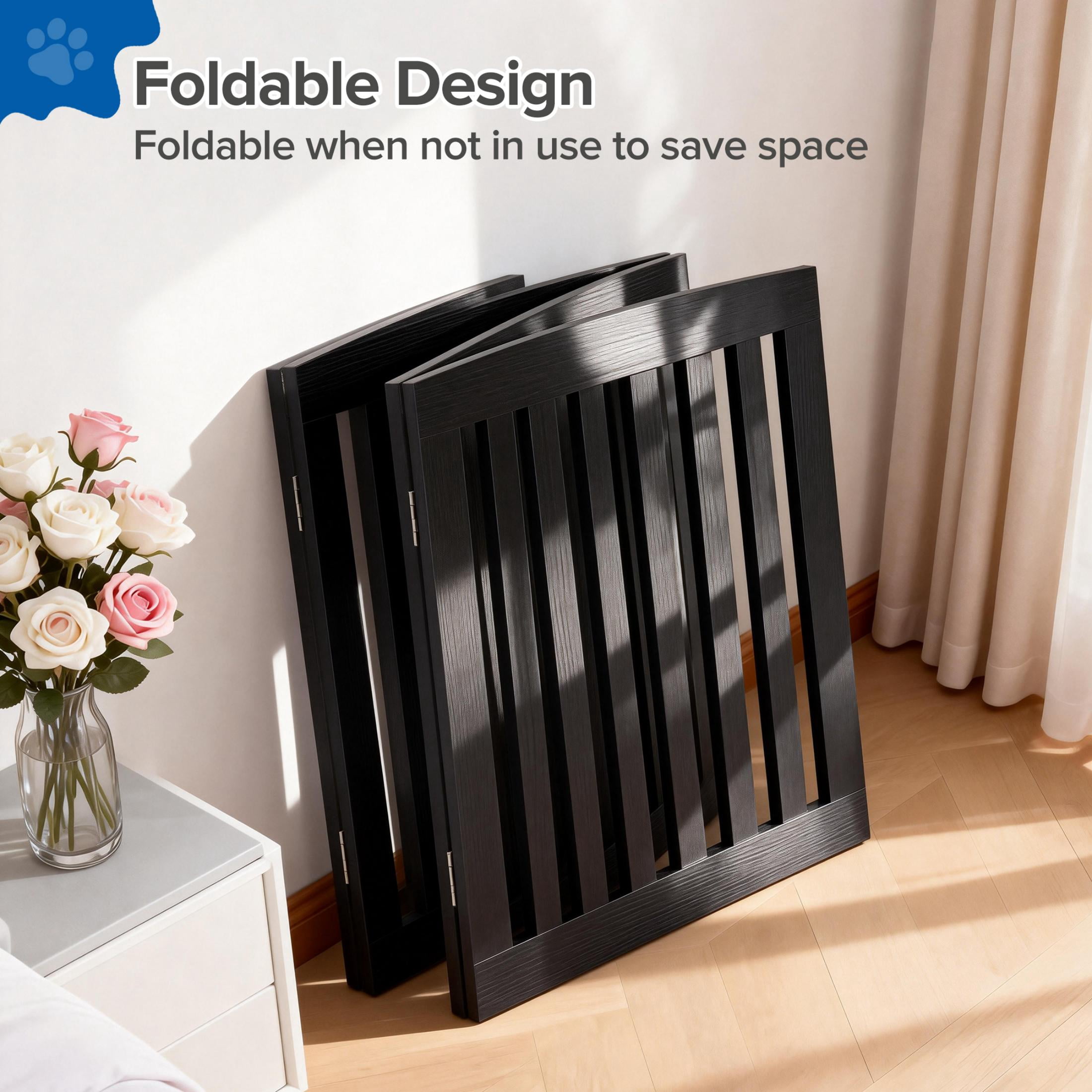 EDX 24" Height-4 Panels Wooden Pet Gate for Dogs and Cats, Foldable Freestanding Dog Gate with Hinge Design, Indoor Portable Extra Wide Dog Fence Pet Barrier, For Doorways, Stairs, Black