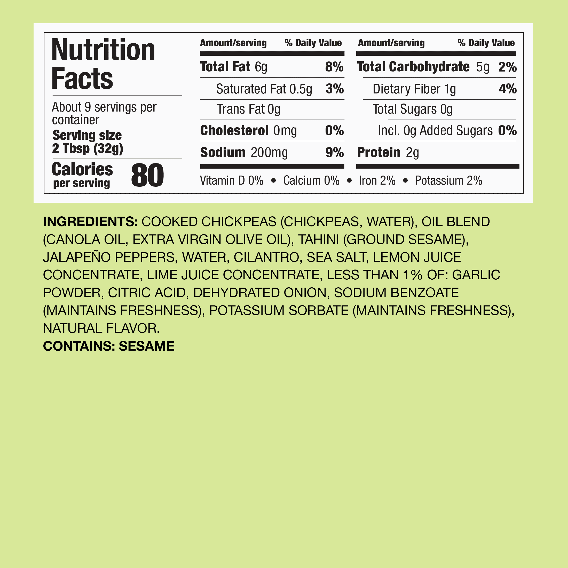 Fresh Cravings Jalapeno Cilantro Hummus,10oz. Plastic Tub, Gluten-Free, Dairy-Free, 2 Tbsp (32g), Contains: Sesame