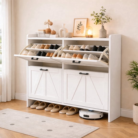 ZIVACATE Rustic Shoe Storage Cabinet with 4 Flip Drawers, Adjustable Shelf, Freestanding Narrow Shoe Rack for Entryway, Hallway, Living Room, White