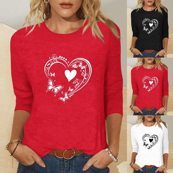 mihongmao Valentine T Shirt for Women Round Neck Women's Valentine's Day Printed 3/4 Sleeve Fashionable Round Neck Red 4X