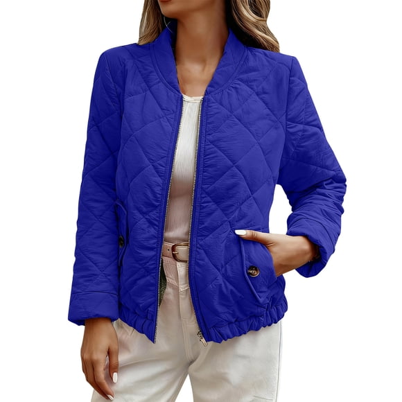 Womens Lightweight Quilted Jackets Fashion Warm Fall Winter Cropped Cotton Jacket Outwear Coats with Pockets Ladies Long Jackets Blue M