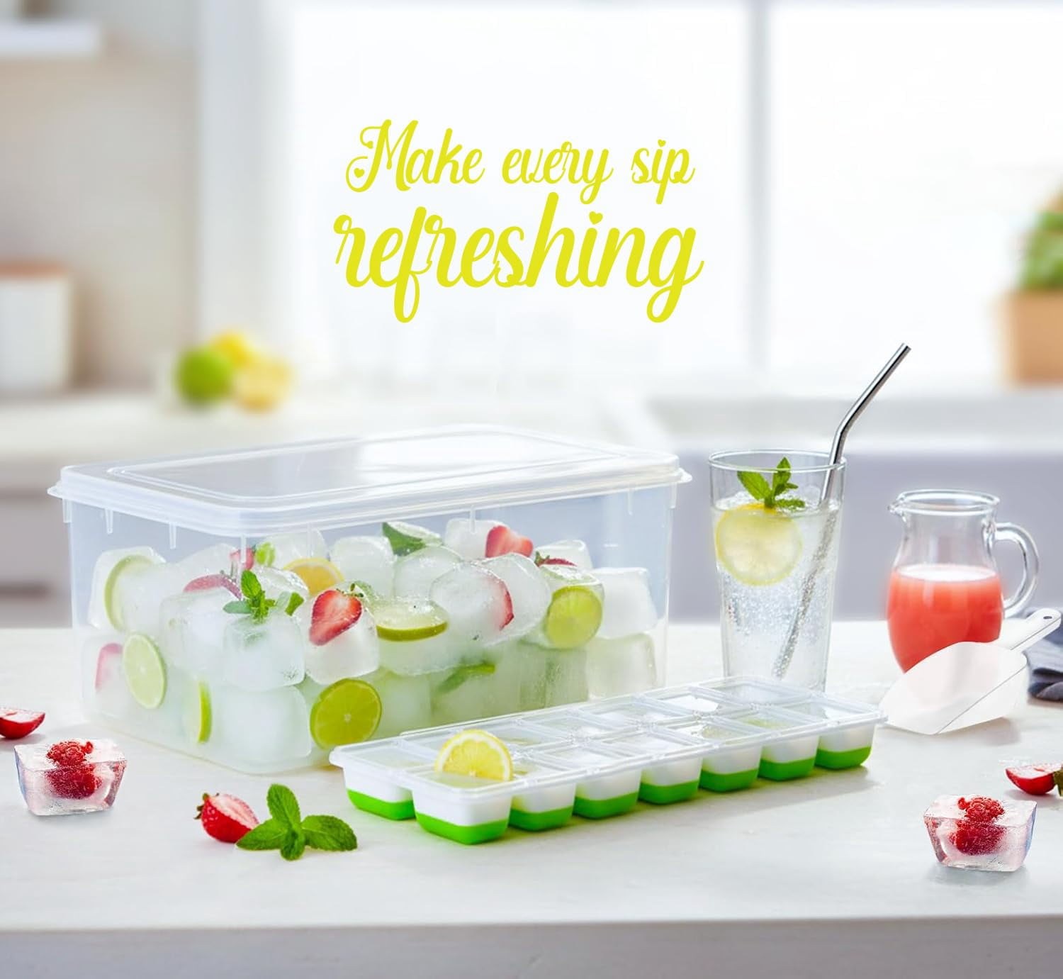 56pcs Ice Cube Tray With Lid And Bin - Stackable 4 Trays Silicone Plastic Freezer Mold  Large Bucket Scoop Tong & 2 Ss Straws Easy Release Maker For Cocktail Coffee Rv