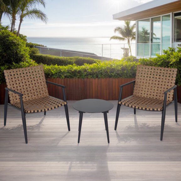 Christopher Knight Home Minimalist 3-Piece Outdoor Bistro Set, PE Rattan Chairs with Round Glass Table, Black Brown