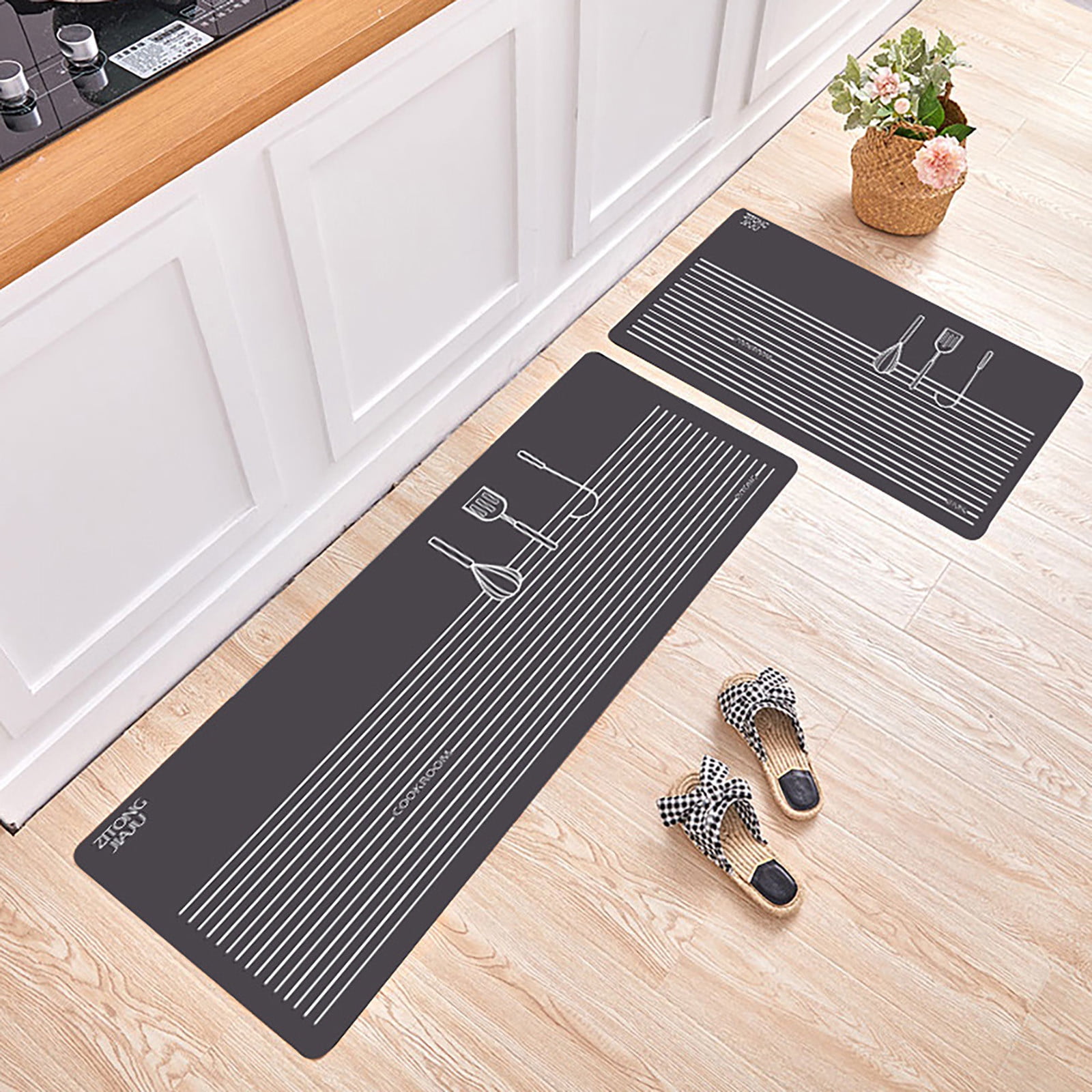 2pcs/set Floor Mat Kitchen Geometric Pattern Area Rugs Carpets Anti-slip Doormat 