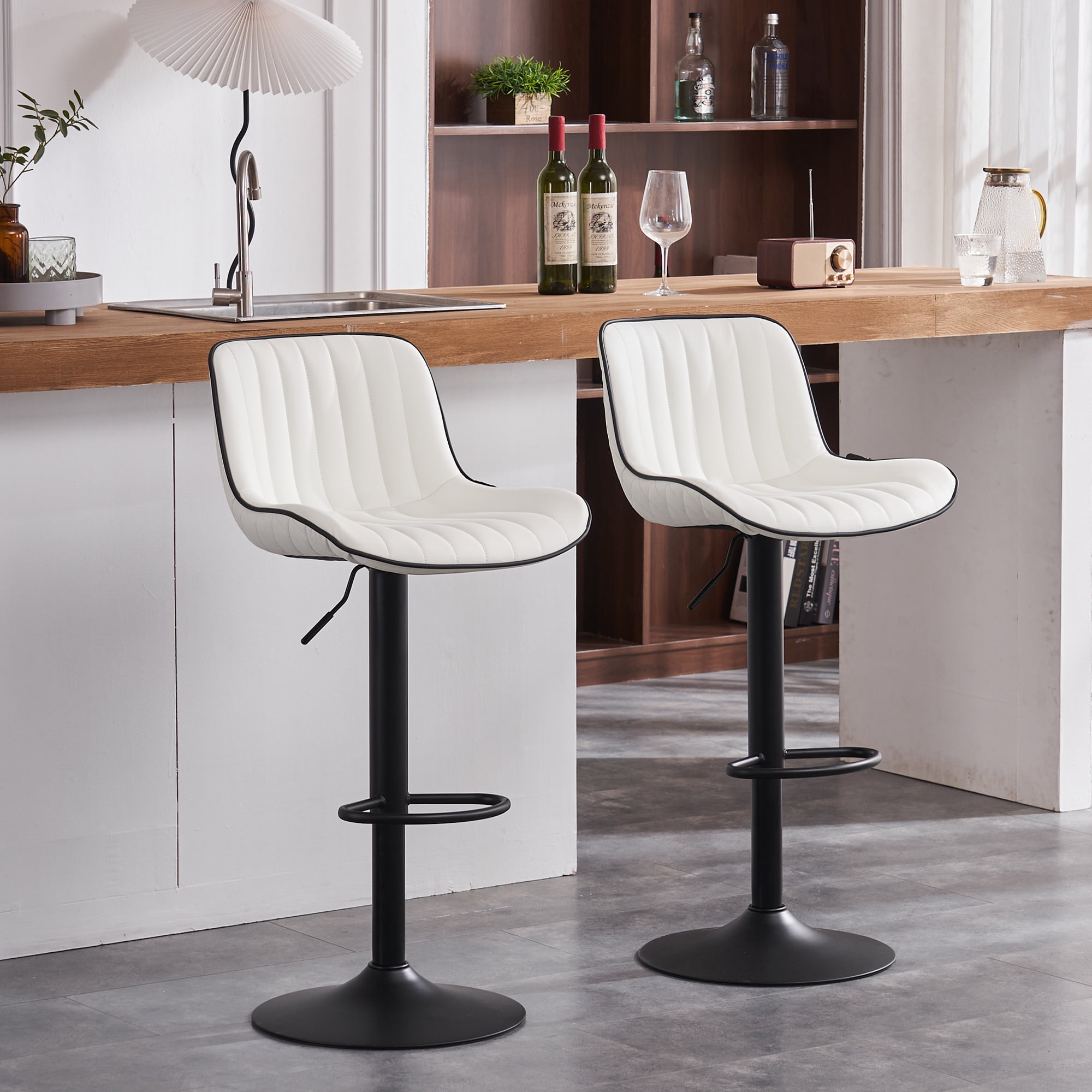 YOUNIKE Bar Stools Set of 2 White PU Soft Cushion Adjustable Swivel Counter Stools