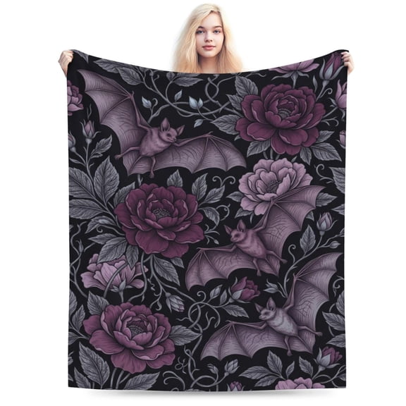 Gothic Blanket, Floral and Bat Flannel Throw Blanket, Soft Warm Lightweight Cozy Blanket for Bedroom, Sofa, Home Decor Gift for Women 50x40