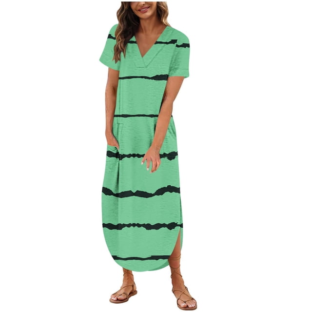 FAIWAD Robe Maxi pour Femmes Col en V Manches Courtes Robe d'Été Ample Fendue avec Poche Imprimé Rayé Décontractée