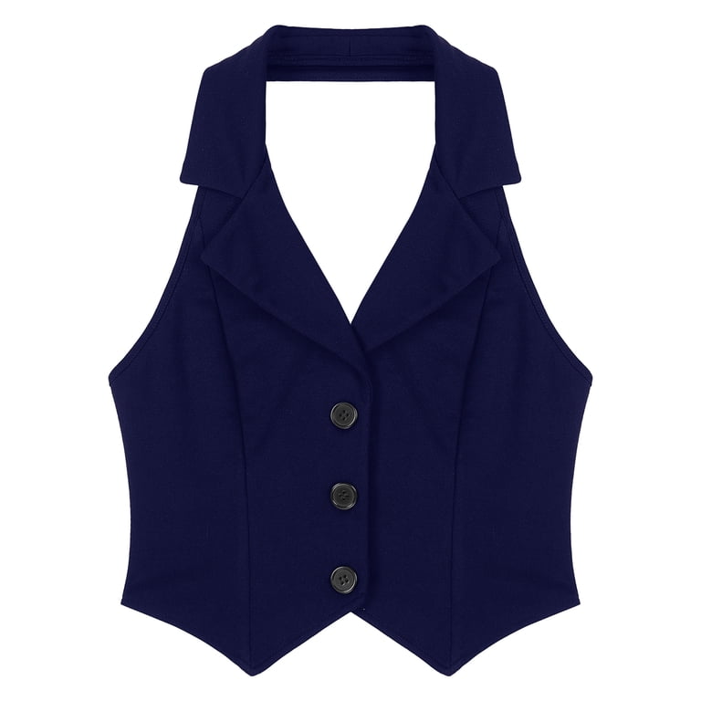 TSSOE Women Halter Neck Notch Lapel Vest Backless Button Up Crop