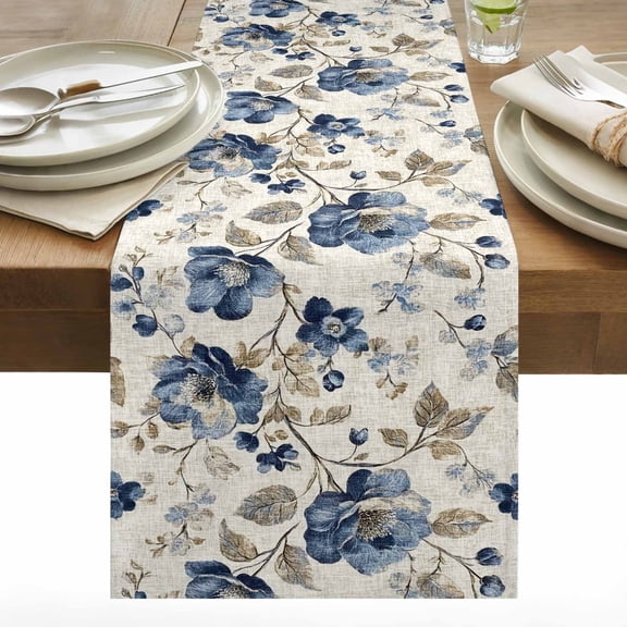 Blue Gray Spring Floral Table Runner 13x36 inch Vintage Botanical Leaf Farmhouse Cotton Linen Dining Table Runner Ideal for Dresser Kitchen Coffee Tables - Machine Washable