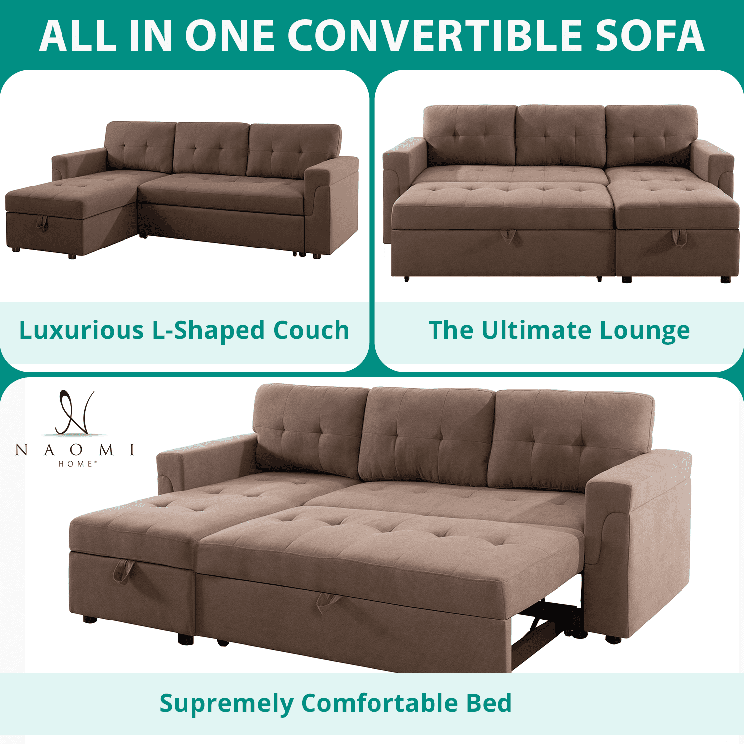 Naomi Home Sectional Sofa Sleeper with Storage Chaise, Tufted Pull-Out Couch with Storage, Sectional Sofa Bed, L-Shaped Reversible Sleeper Sofa with Storage, Mocha, Velvet