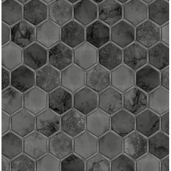 NextWall Cosmic Black & Metallic Silver Inlay Hexagon Peel and Stick Wallpaper