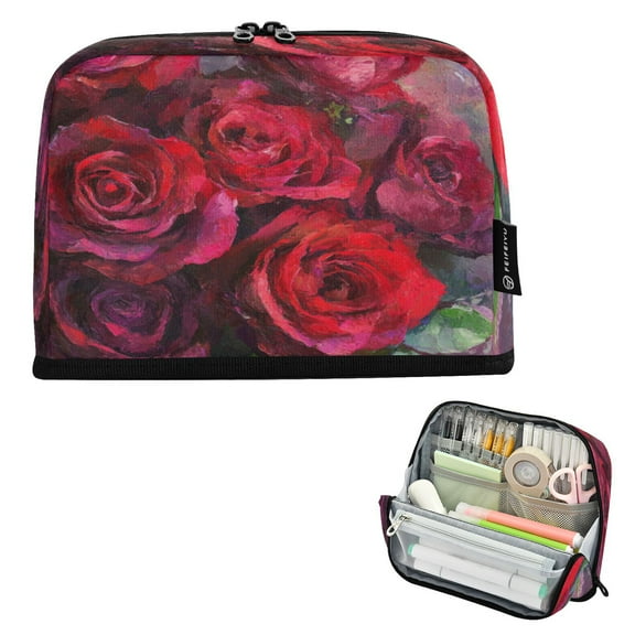 Wobogo Deep Red Roses Large Capacity Durable Zippered Pencil Case Portable Stationery Storage Organizer Bag for Study Office Travel