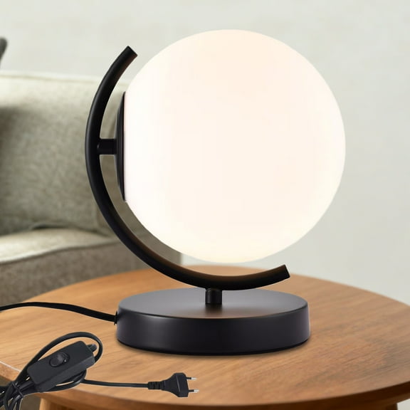 Modern Globe Table Lamp with 7.1" Frosted Glass Shade, Plug-in Bedside Lamp with Switch, Black Metal Base for Bedroom or Desk