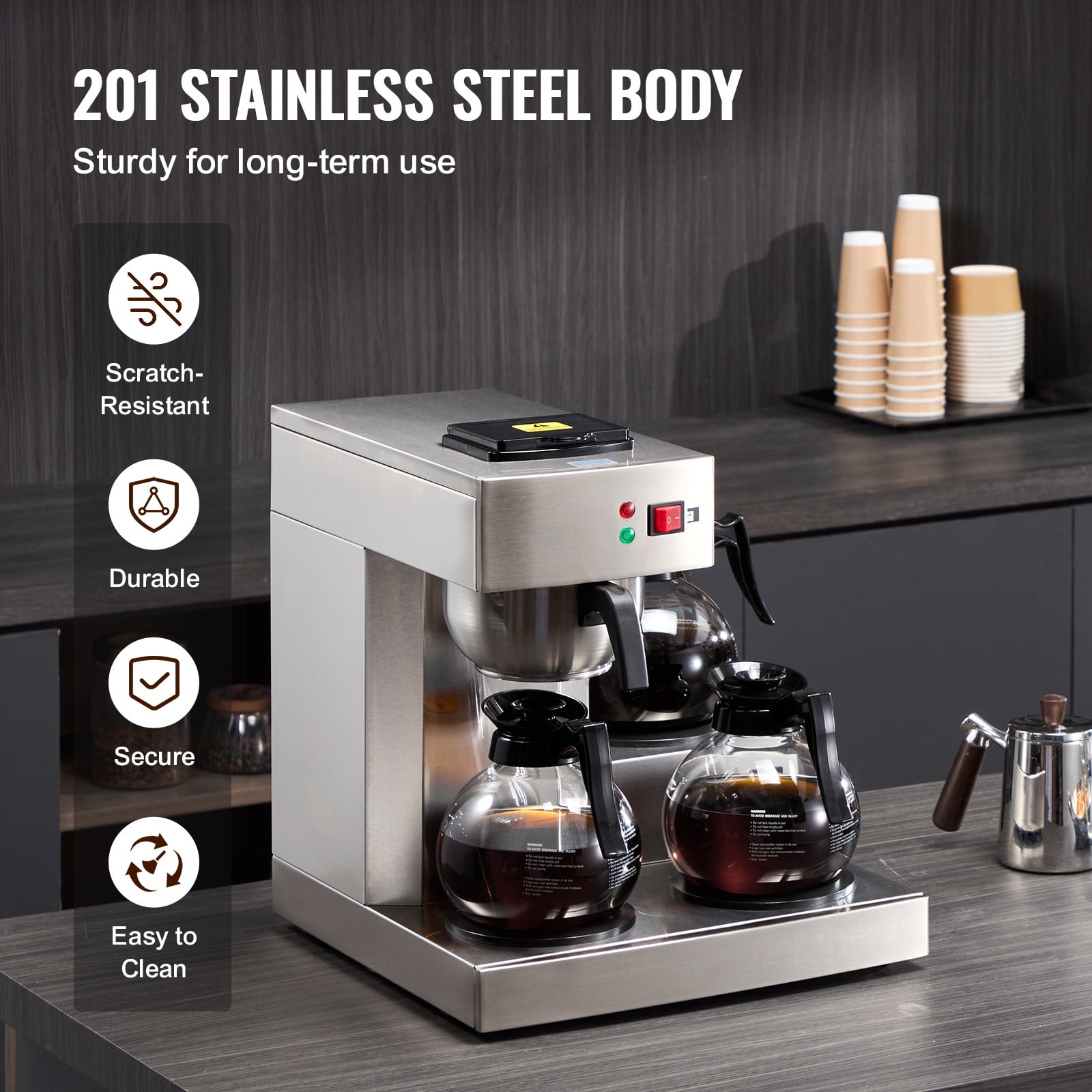 KFFKFF 12-Cup Industrial Coffee Brewer, Coffee Brewing Device with Trio of Glass Jugs and Warming Trays, Stainless Steel Manual Water Input Coffee Maker, Ideal for Cafes, Offices, and Eateries