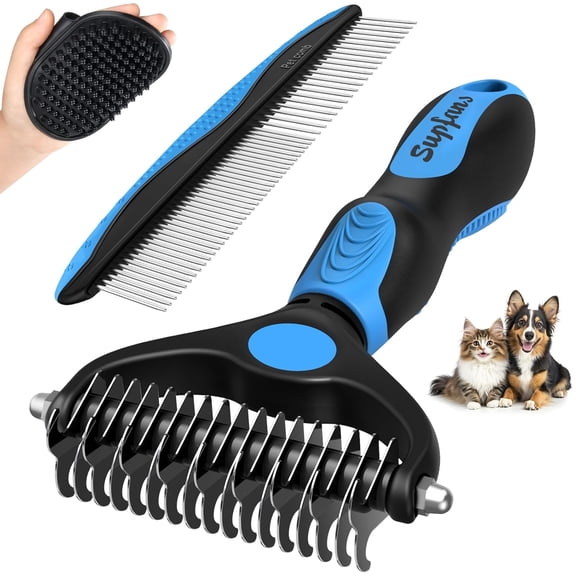 3PCS Pet Grooming Rake & Metal Comb & Bath Brush for Dogs and Cats, Double-Sided Dematting Tool, Extra-Wide Deshedding Dog Brush for Long Hair to Effectively Remove Tangles, Knots and Mats