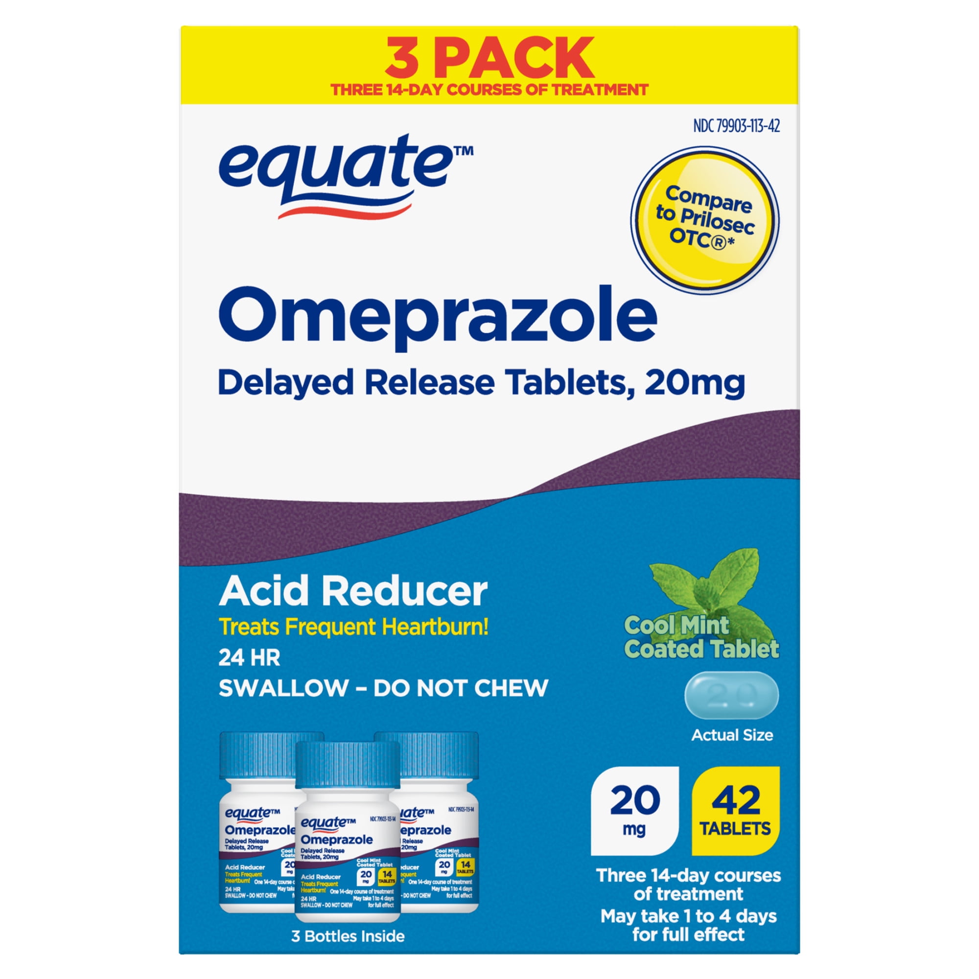 (3 pack) Equate Omeprazole Delayed Release Coated Tablets, Cool Mint, 20 mg, 42 Count, 3 Pack, Compare to Prilosec OTC