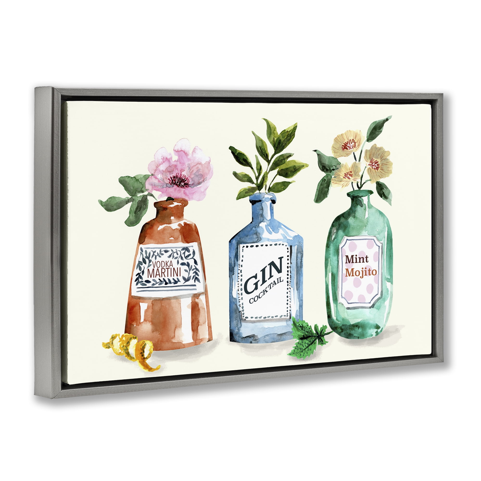 Stupell Industries Floral Alcohol Bottles Food & Beverage Painting Gray Floater Framed Canvas Art Print Wall Art, 25 x 17