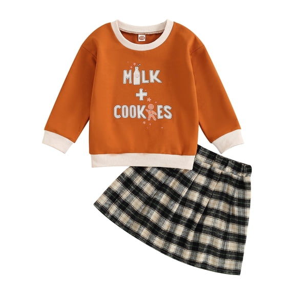 Toddler Girl 2 Piece Outfit Christmas Letter Print Long Sleeve Sweatshirts and Elastic Plaid Skirt Set for Fall Clothes