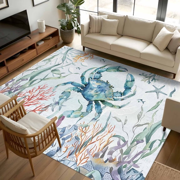 5x7 Area Rugs, Turquoise Carbs Coastal Non-Skid Rubber Backing Large Rectangle Rugs - Living Room Bedroom Home Office, Nautical Summer Beach Coral Jellyfish Indoor Floor Mat Carpets Washable Rug