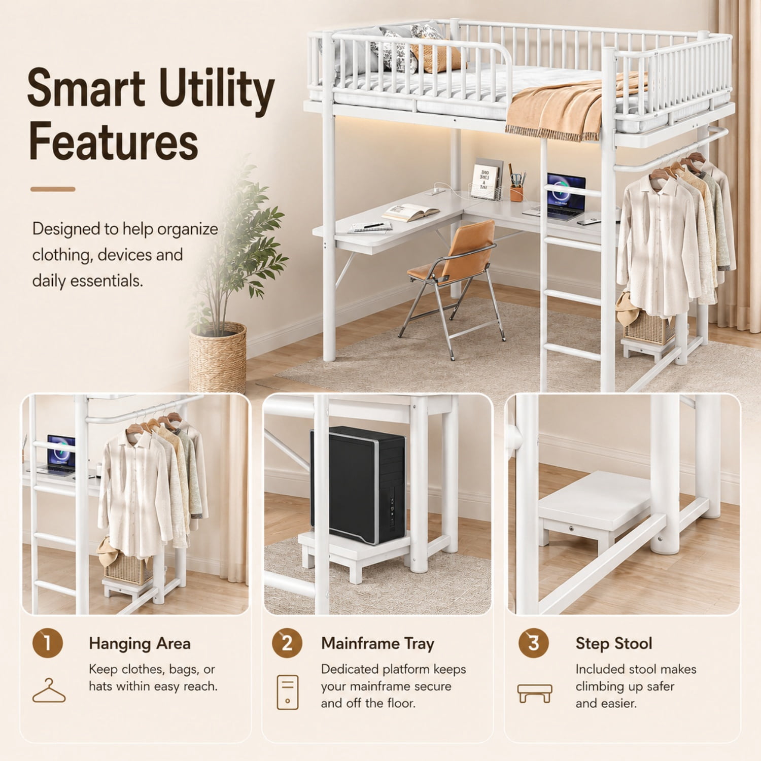 Miniyam Full Metal Loft Bed with L-Shaped Desk, LED Light Strip, Charging Station and PC Tower Tray, White