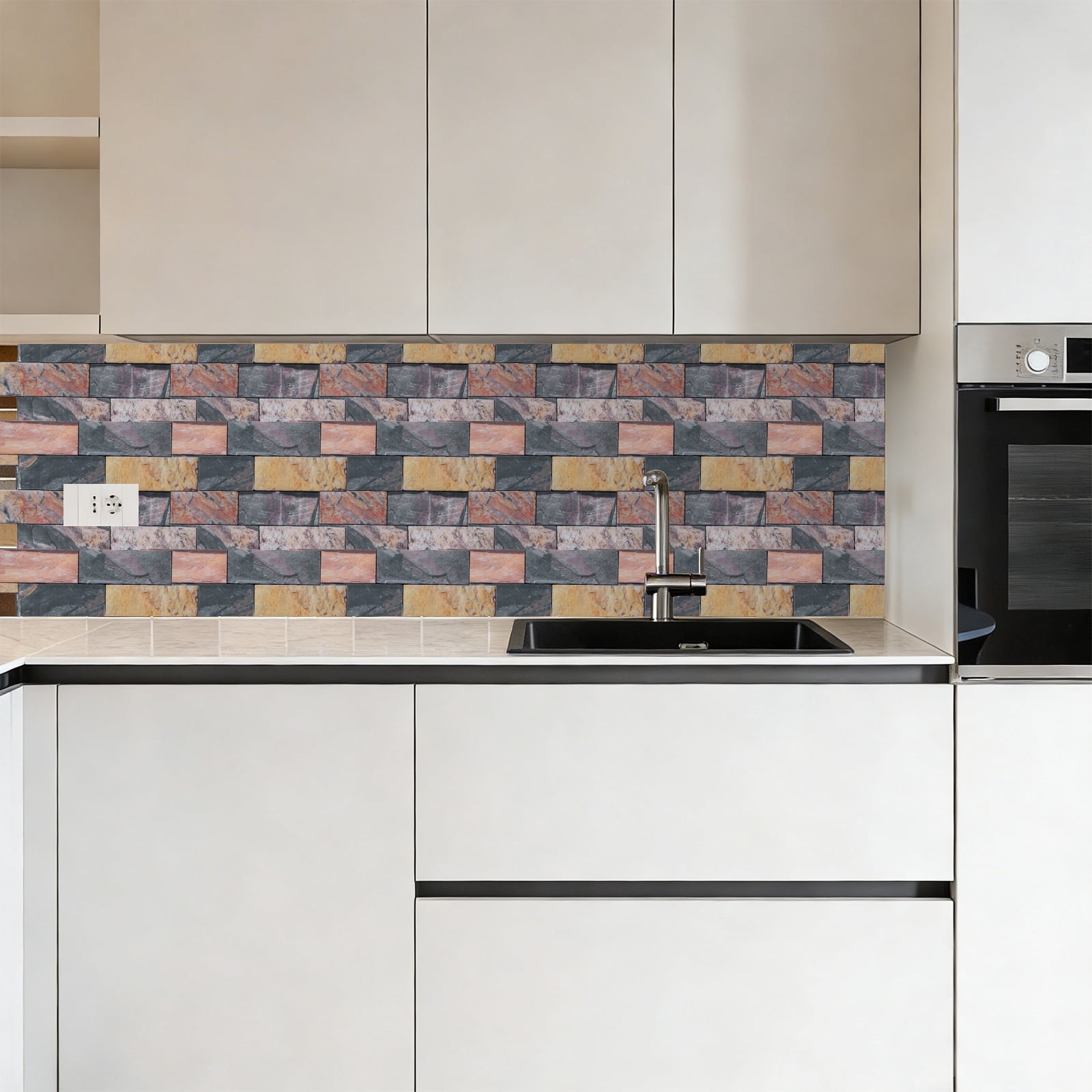 Uxcell 10Pcs Peel and Stick Backsplash Tiles 10.6" x 10.6" 3D Thickened Stone Texture Self-Adhesive Tile Stickers Wallpaper Wall for Kitchen Bathroom Bedroom, Gold Brown Black
