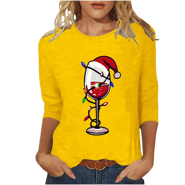 Pisexur T-Shirts de Noël pour Femmes Décontractés pour les Fêtes, Blouses Imprimées Verre de Vin Rouge, Col Rond, Manches 3/4, Chandails Mode d'Automne