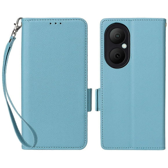For Huawei Enjoy 80 Case with Wrist Strap Litchi Texture PU Leather Wallet Phone Cover - Dark Blue