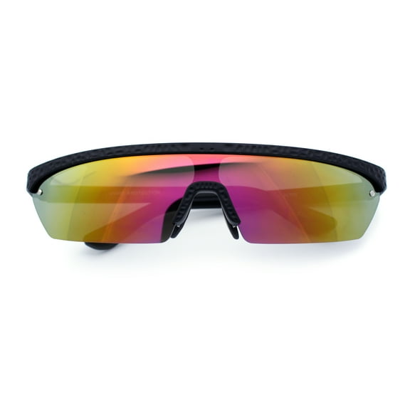 80s Half Rim Narrow Rectangle Shield Retro Plastic Sport Plastic Sunglasses Black - Purple Mirror