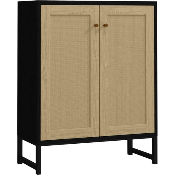 Rattan Decorated 2 Doors Storage Cabinet Accent Cabinet Living Room Cupboard Kitchen Sideboard Buffet Table (Black Cabinet)