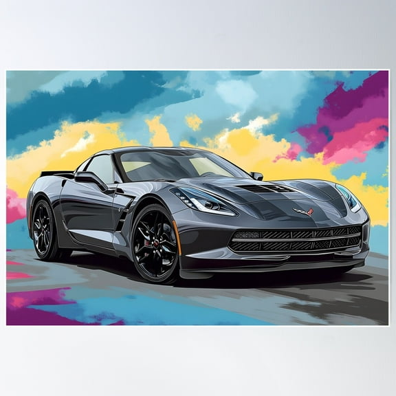 Digital Pop Art – Grey Chevrolet Corvette Stingray C7 Iii Poster Wall Art, Modern Wall Decor For Living Room Bedroom, 8x12 UNFRAMED