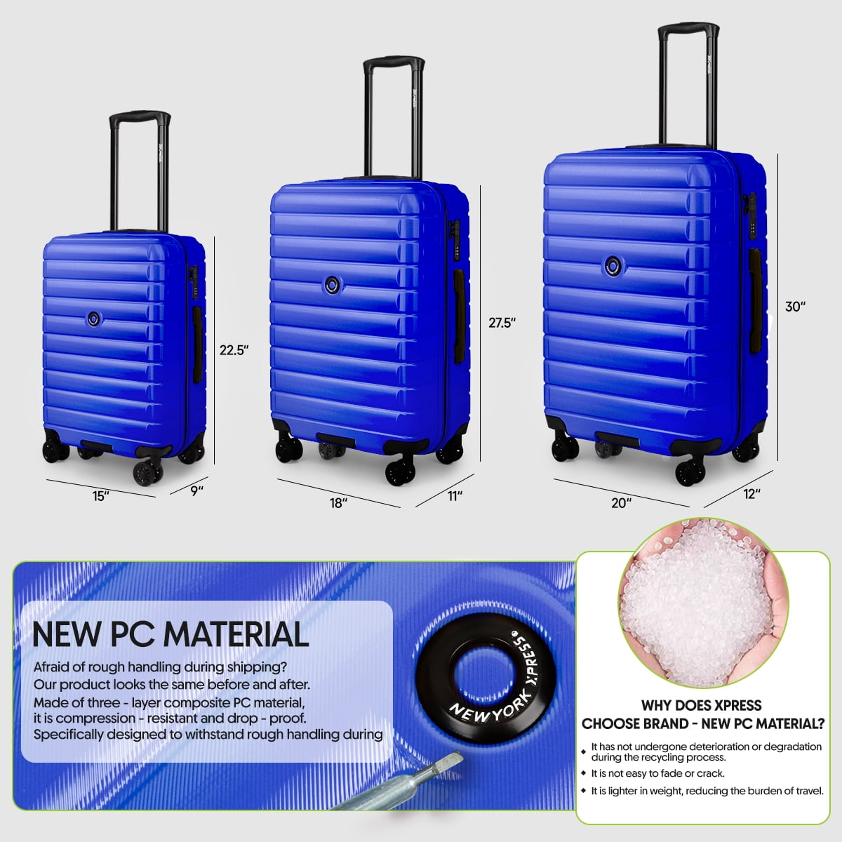 3 Piece Luggage Set PC Hard Shell Expandable Luggage with Spinner Wheels & TSA Lock,Lightweight Hardside Travel Suitcase 20"/25"/29",LA13601-Blue