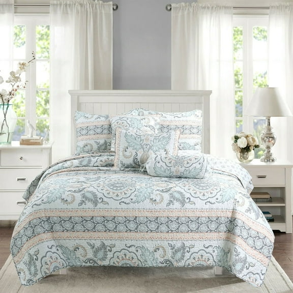 Peach Paisley Pastel Print Grey Aqua Blue Leaf Floral Quilt Bedding Set, King