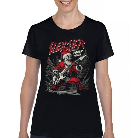Sleigher World Tour T-Shirt Santa Claus Skeleton Rock and Roll Legend Guitar Band Christmas Tree Xmas Women's Tee