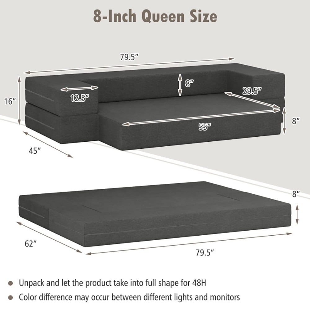 Finihen Sofa Bed, Convertible Folding Sofa, 8 Inch Convertible Folding Sofa Bed with Washable Cover-Queen Size, for Living Room, Dark grey