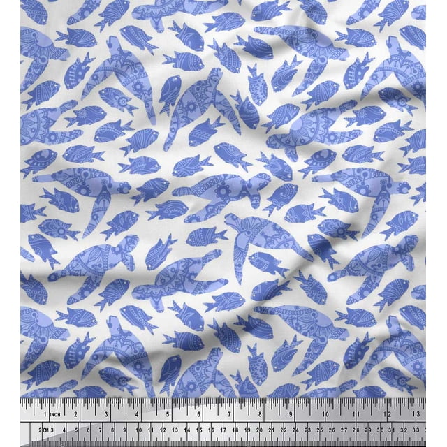 Soimoi Tissu Viscose Georgette Poisson & Tortue de Mer Imprimé Océan Tissu au Mètre 42 Pouces de Large