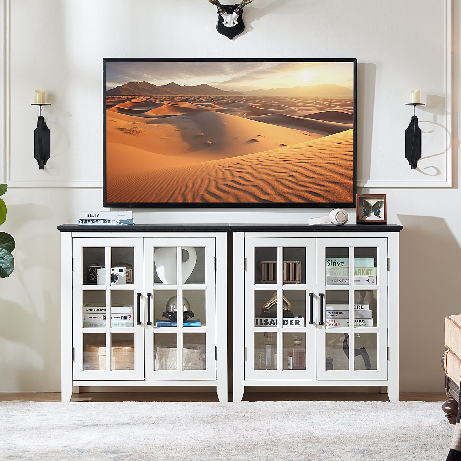 Joaxswe Sideboard Buffet Bar Cabinet Farmhouse 2 Glass Doors Coffee Wine White 32 Inch