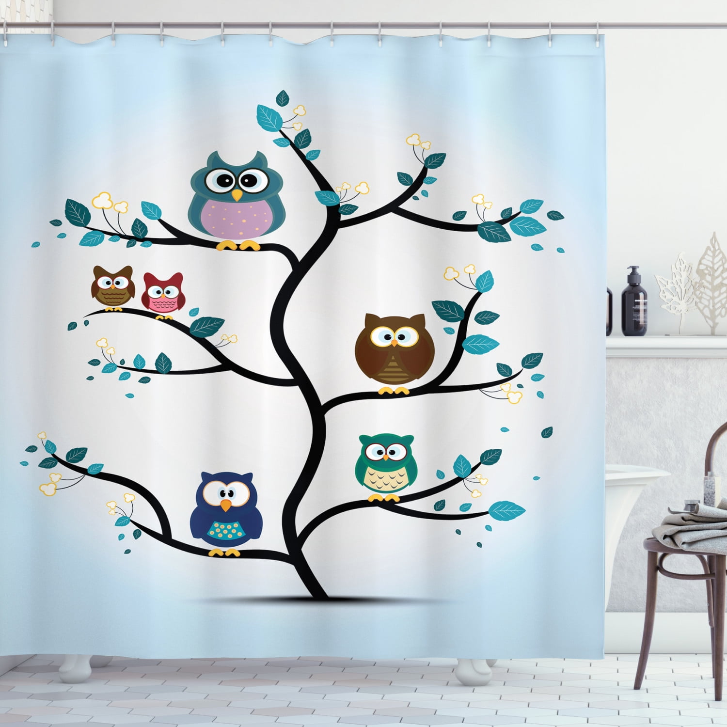 Night Flowers & Owl Shower Curtain Hooks Bathroom Mat Waterpoof Fabric 72x72" 