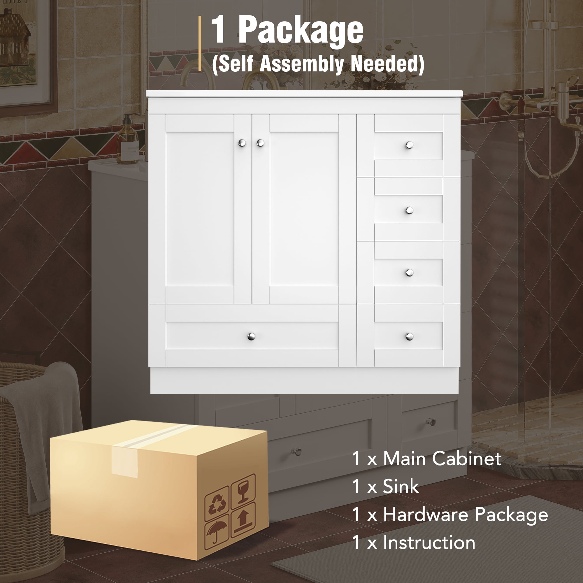 Shaker Style Bathroom Vanity with Ceramic Sink, 4 Soft Close Drawers and 2 Doors, 36" White for Ample Storage