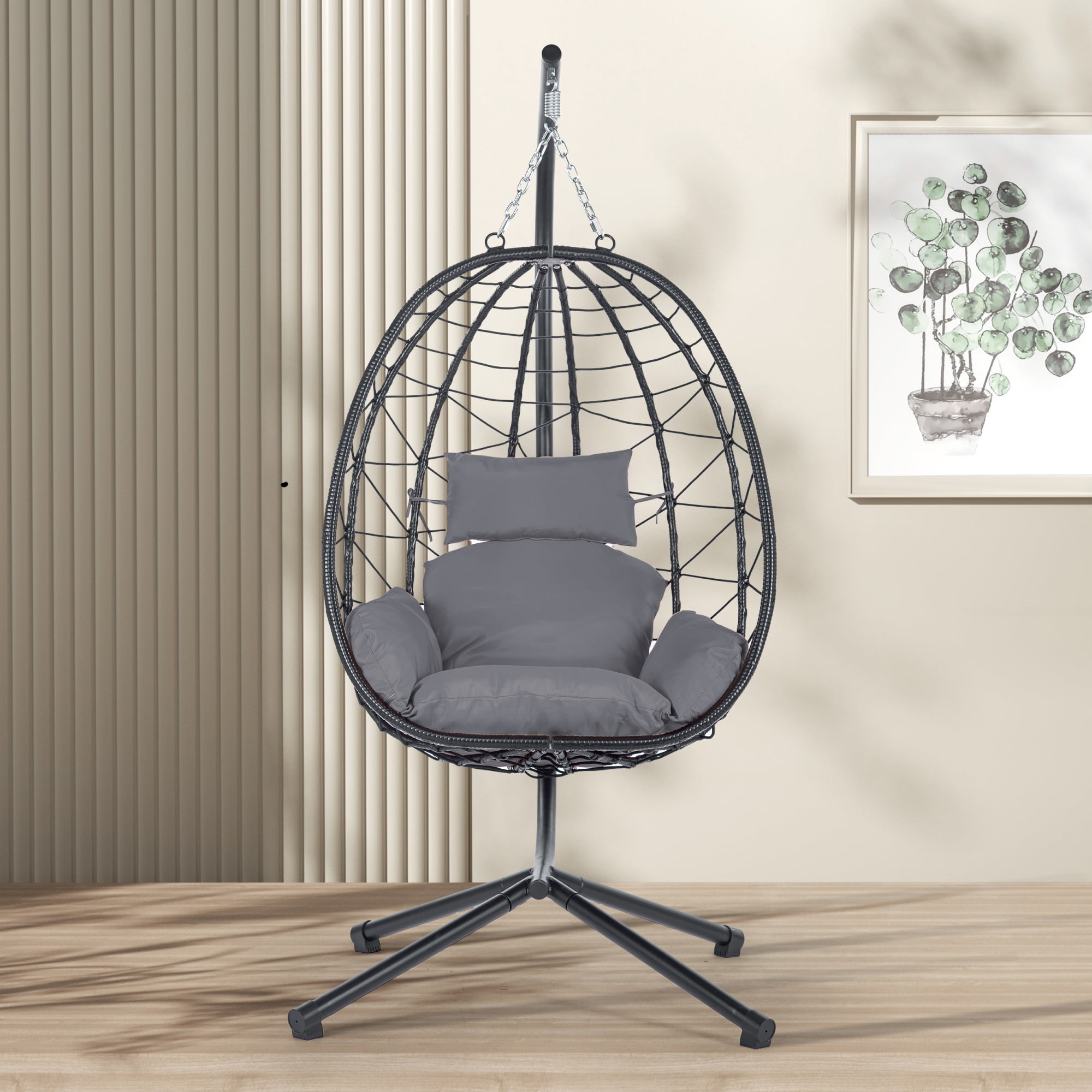 Egg Chair with Stand, Indoor Outdoor PE Wicker Hanging Egg Chair, Patio Swing Chair Basket Chair Hammock Chair with Stand for Bedroom Living Room Balcony, Dark Gray