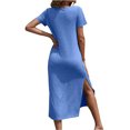 thumbnail image 3 of Solid Color Women V Neck Short Sleeved Casual Side Slit Dress, 3 of 4