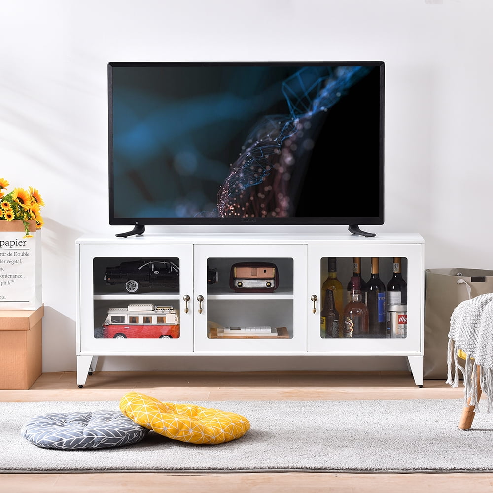 Private Jungle Modern TV Stand for TVs up to 55", Console Storage Cabinet Shelf with 3 Glass Door-White Private Jungle Modern TV Stand for TVs up to 55", Console Storage Cabinet Shelf with 3 Glass Door-White
