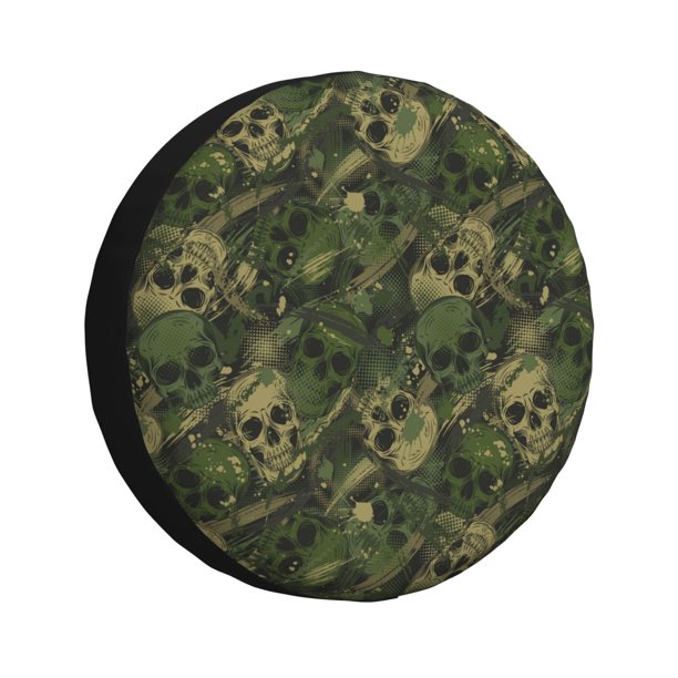 Fotbe Green Camouflage Skull Funda de Llanta de Repuesto con Estampado, Engrosada, Ajuste Universal para Jeep, Remolque, RV, SUV, Camión-15 inch
