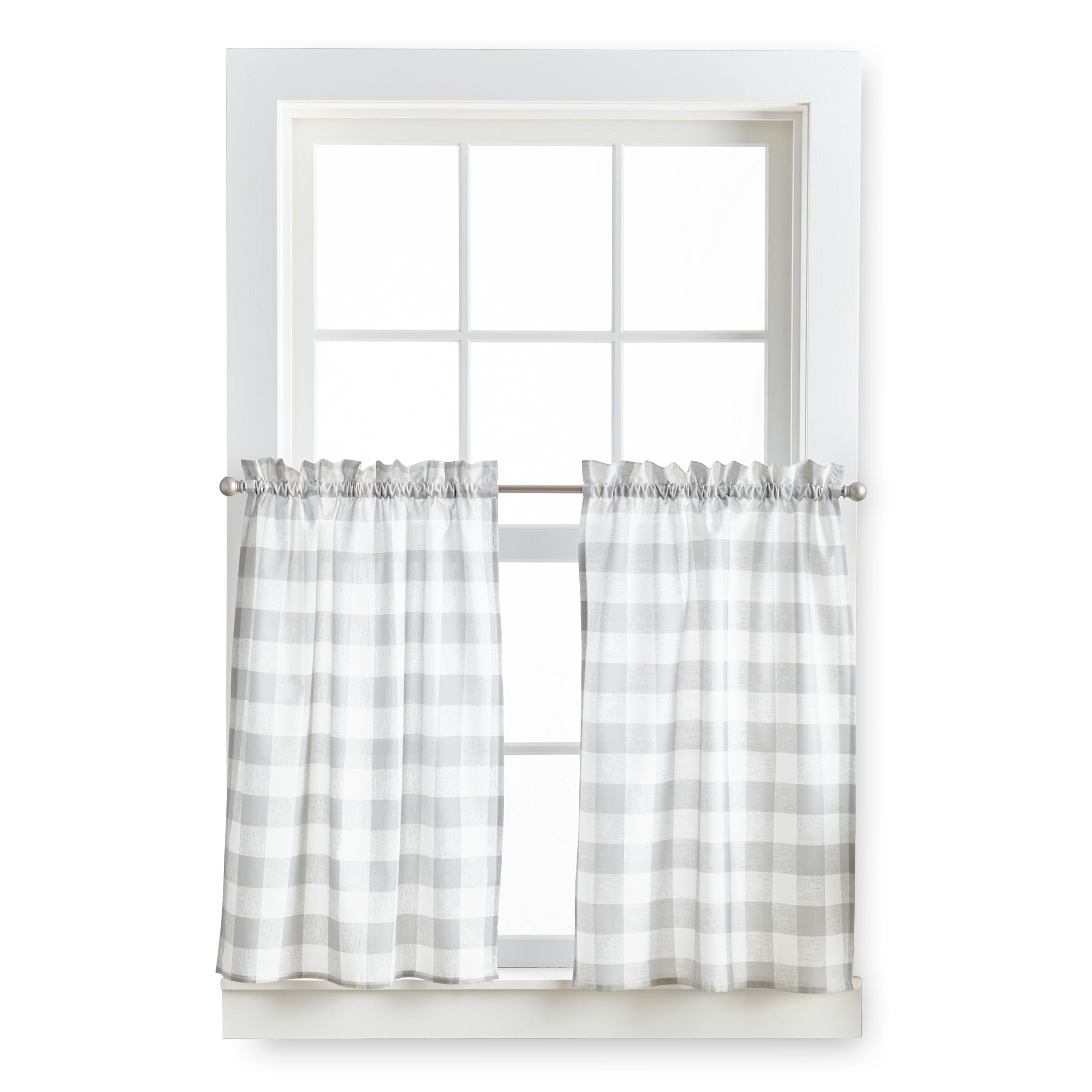 Curtainworks Buffalo Check Valance and Tier Set of 3, Indoor Light Filtering, Polyester, Rod Pocket , Grey , 56"W x 36"L, Adult