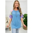 thumbnail image 3 of Women's Blue Twisted Ribbed Color Block Henley T-Shirt – Casual Summer Essential, XL, 3 of 5